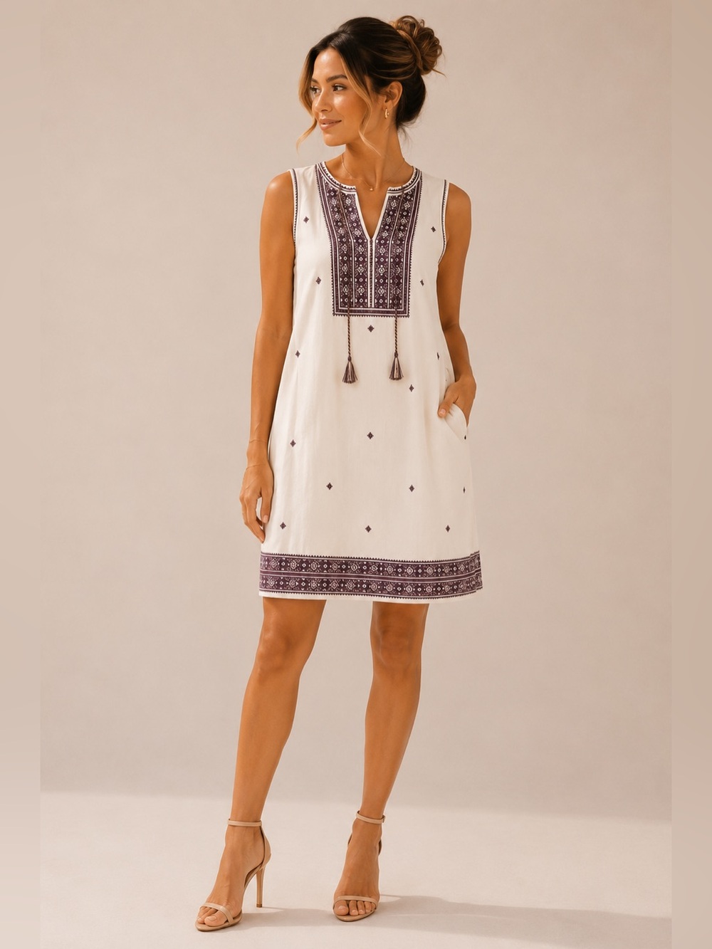 Madewell Embroidered Suncoast Shift Dress Cream Burgundy Boho Cotton Size 4